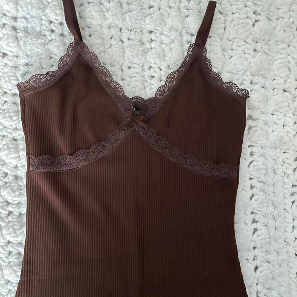 Brown lace trim ribbed bodycon dress